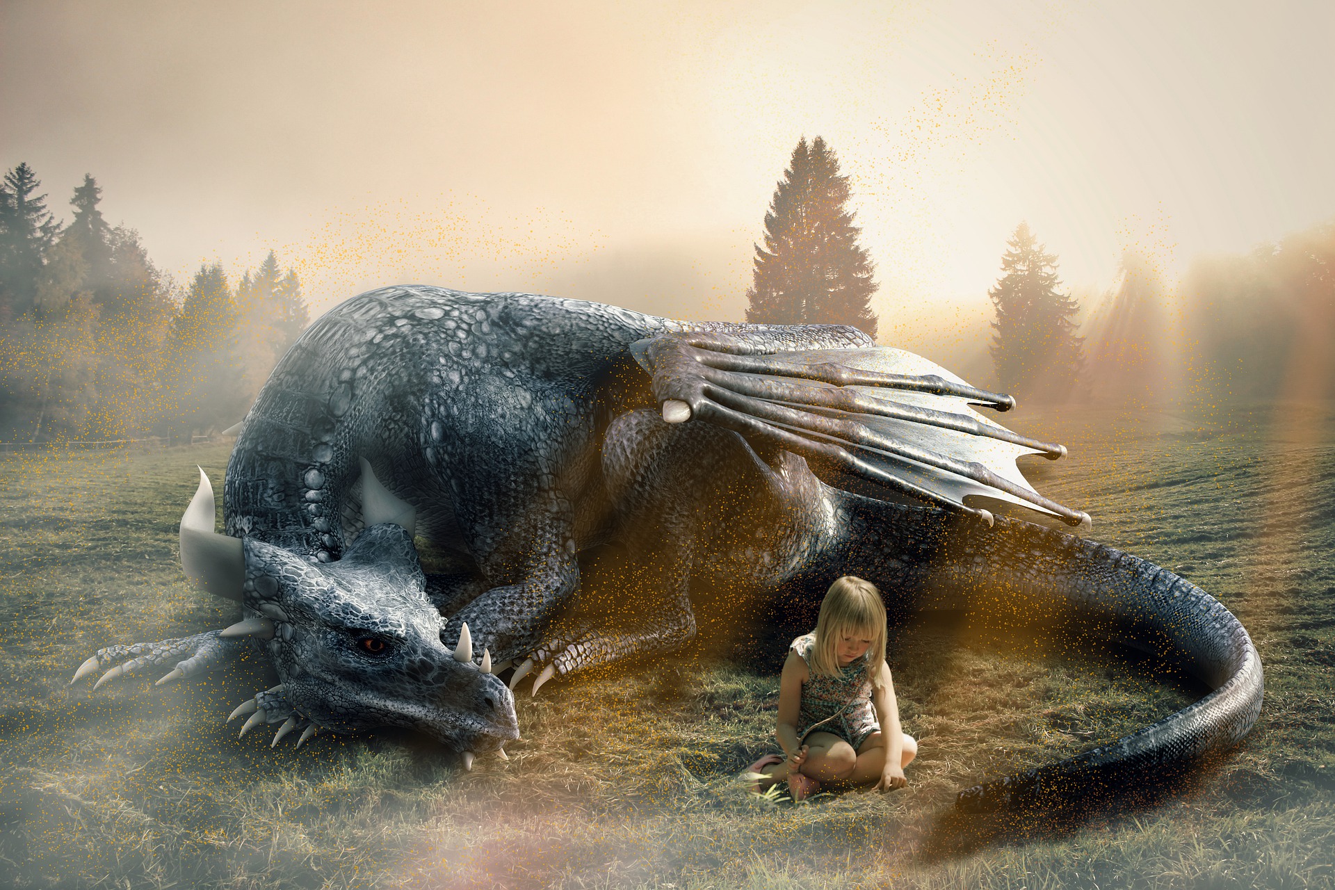 A dragon surrounds a small girl in a wasteland