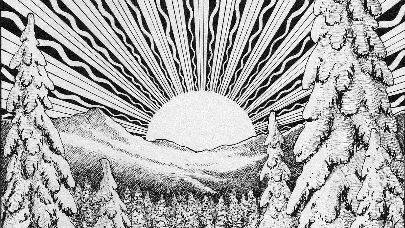 A black-and-white stylized winter sunrise